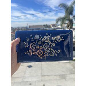 Vintage MCM Mele blue gold floral clamshell jewelry travel case 13 compartments